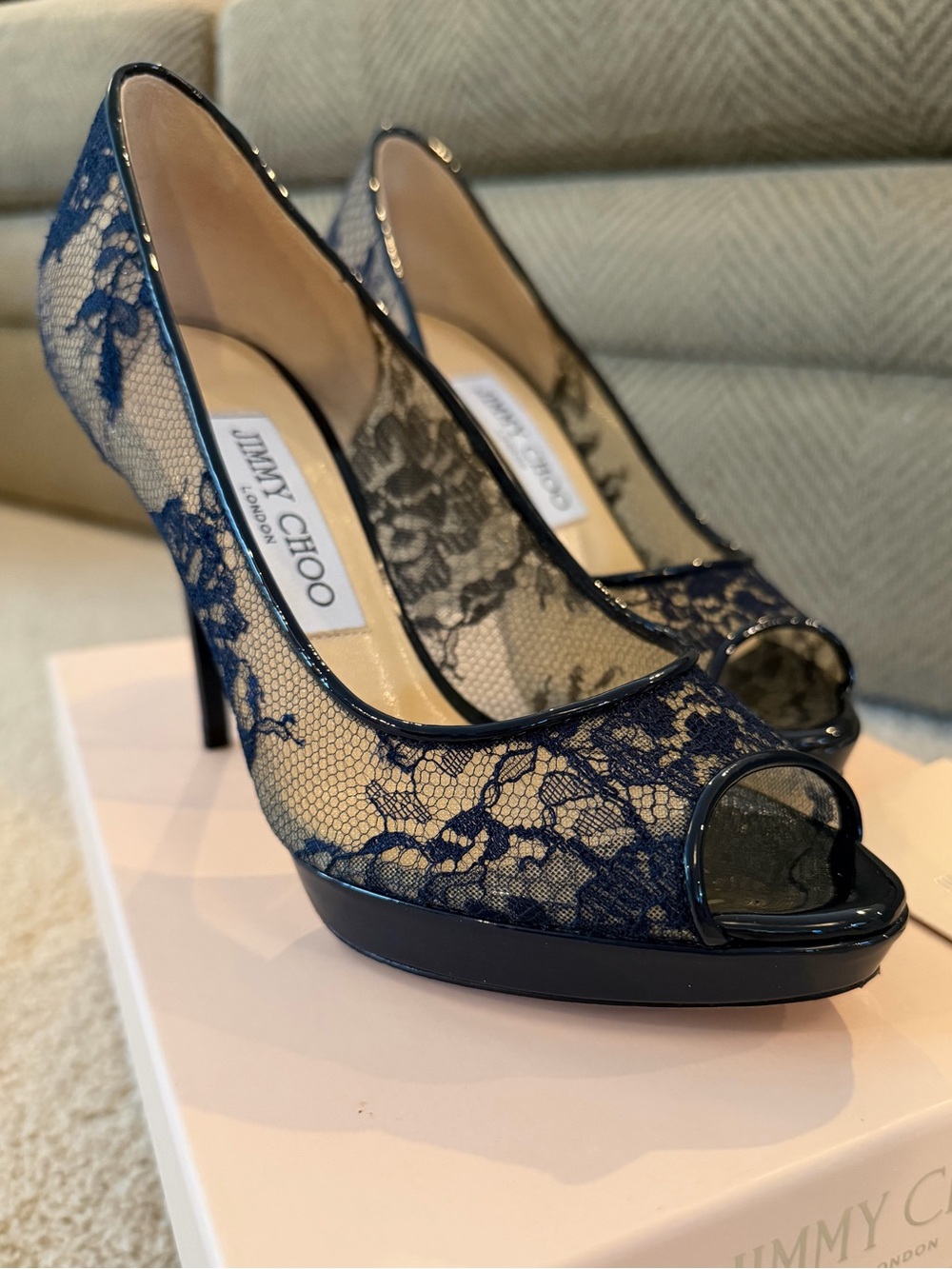 Jimmy Choo Navy Blue Lace Peep-Toe Platform Pumps Size EU36.5